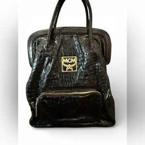 MCM Black Croc-Embossed Leather Satchel with Gold Hardware